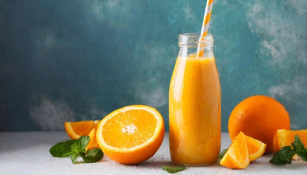 Orange smoothie in glass bottle with paper straw Tasty and healthy beverage Delicious citrus drink