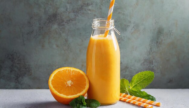 Orange smoothie in glass bottle with paper straw Tasty and healthy beverage Delicious citrus drink