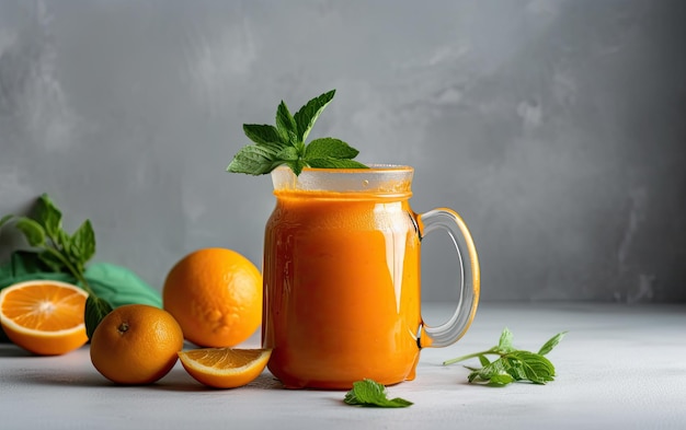 Orange smoothie with mint leaves in glass jar