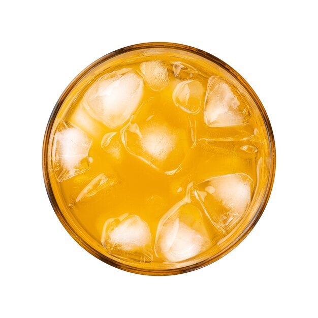 Photo orange soda soft drink in a cup with ice top view isolated over white background