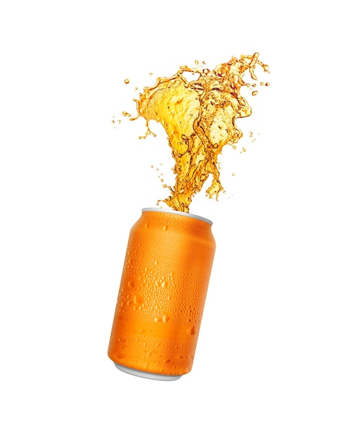 Orange soda splashing out of canned isolated on white background