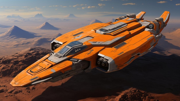 an orange spaceship flying over the desert