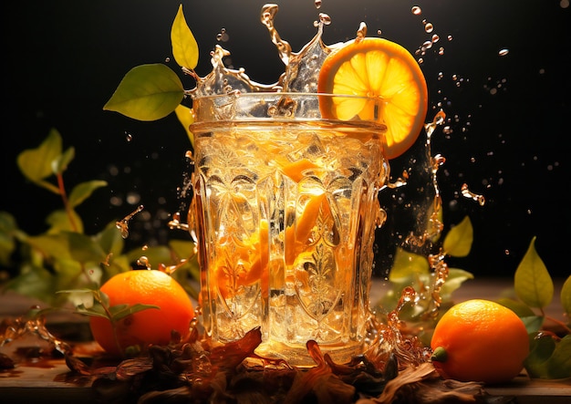 An orange splash into a glass filled with apple juice