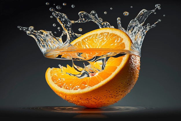 апельсин в брызгах воды. концепция здорового образа жизни и свежих продуктов, созданная с помощью технологии генеративного искусственного интеллекта