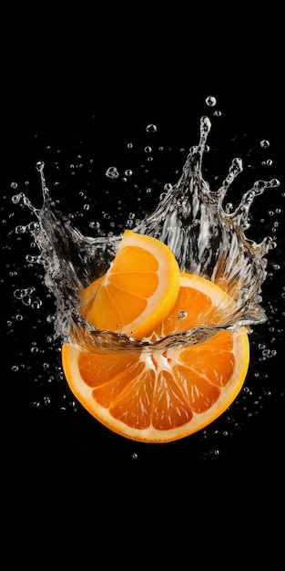 An orange splashes into the water with the word orange on it.