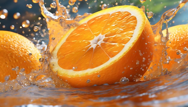 Orange in splashes of water closeup