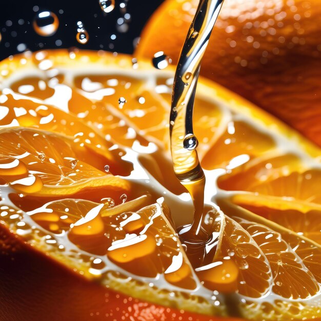 Orange in splashes of water closeup