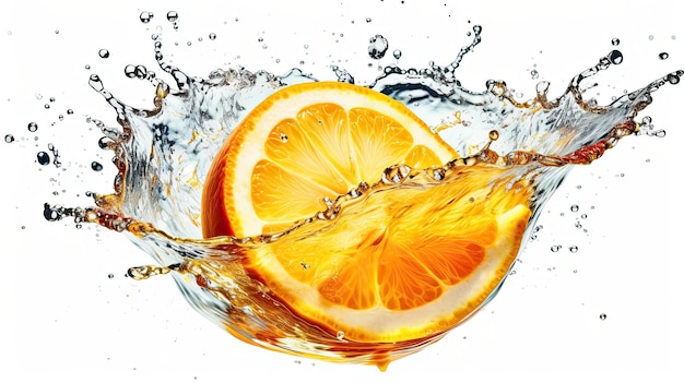 An orange splashing into a glass of water.