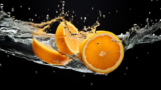 Orange splashing into the water with slice of orange