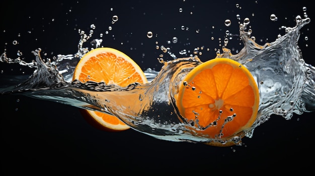 Orange splashing into the water with slice of orange