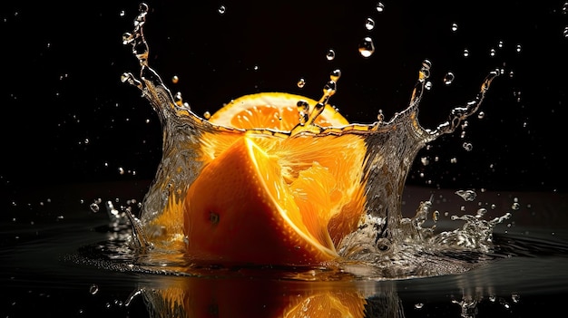 An orange splashing into the water with the word orange on it.