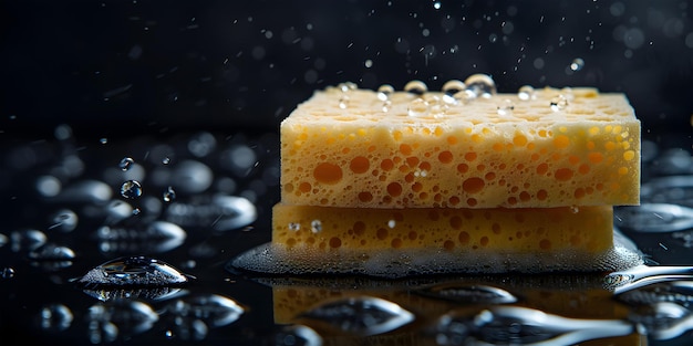 Orange sponge on wet black surface with water drops in light room during hygiene routine