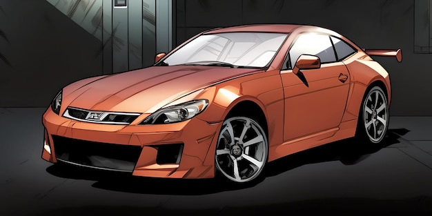 A orange sports car in a drawing style with a black background AI