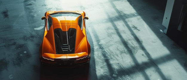 an orange sports car parked in a garage