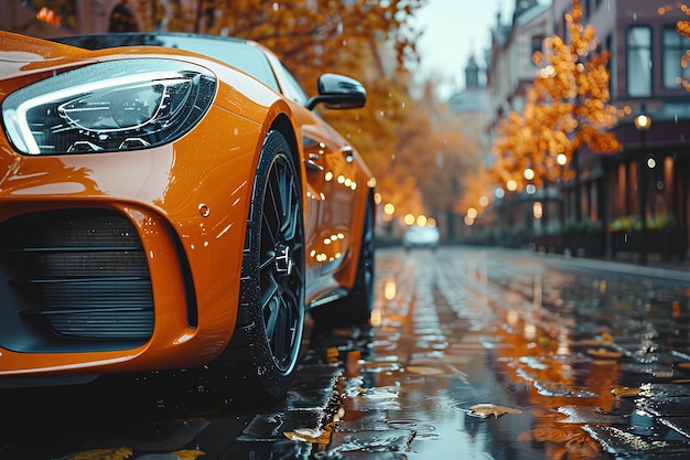 An orange sports car parked on a wet street