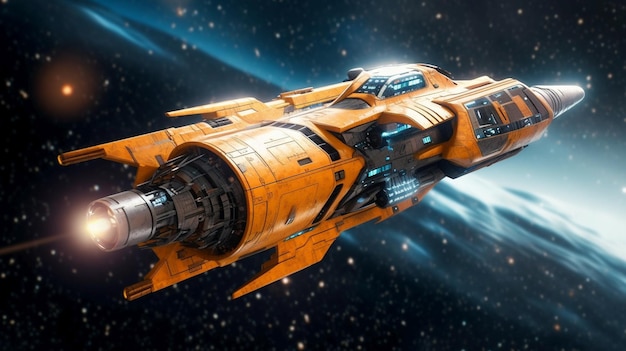 Orange Starfield spaceship flying through space to discover new planets in the universe