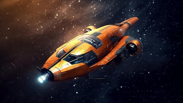 Orange Starfield spaceship flying through space to discover new planets in the universe