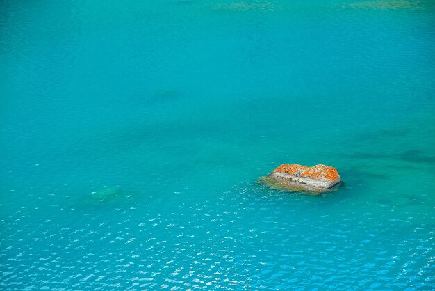 Orange stone with lichens and mosses in transparent azure water of mountain lake