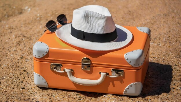 Orange suitcase and white hat