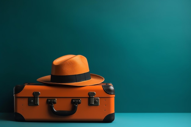 Orange suitcase with a black hat on a blue background