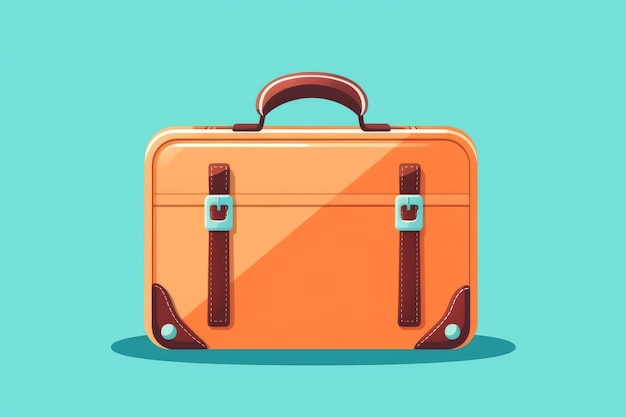 An orange suitcase with a brown handle sits on a blue background.