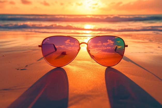 Orange sunglasses on sandy shores frame vibrant ocean sunset scene