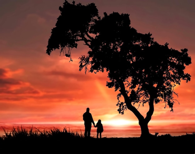 orange sunset  at night and people with plant shadow on front