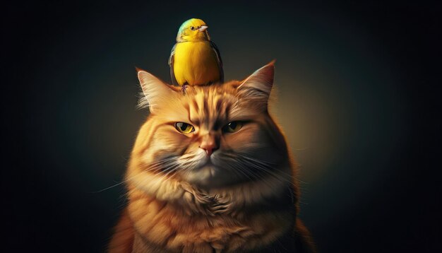 写真 オレンジ色のタビー猫は静かな表情を表し小さな黄色い鳥が暗い背景に平和に頭の上に座っている