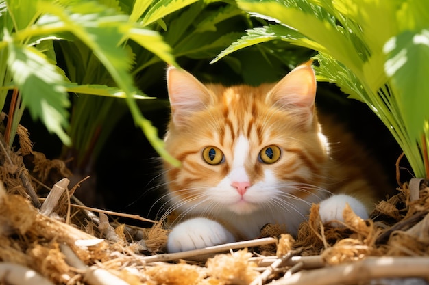 an orange tabby cat is hiding in a hole in the ground