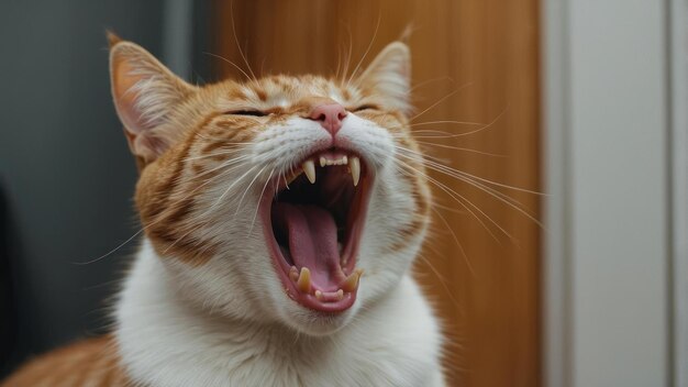 Orange tabby cat in a joyful yawn