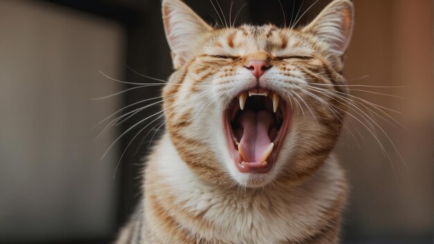 Foto gatto tabby arancione in uno sbadigliamento gioioso