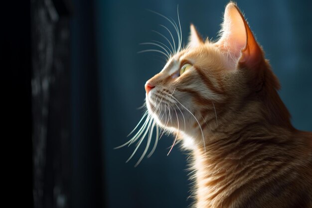 An orange tabby cat looking up at the sky