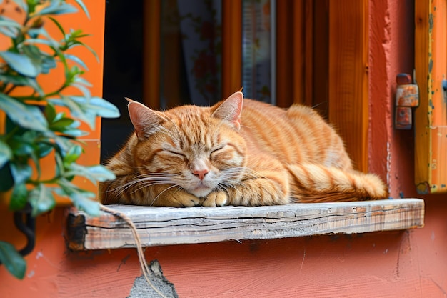 Photo orange tabby cat napping peacefully on a sunny windowsill with curtains