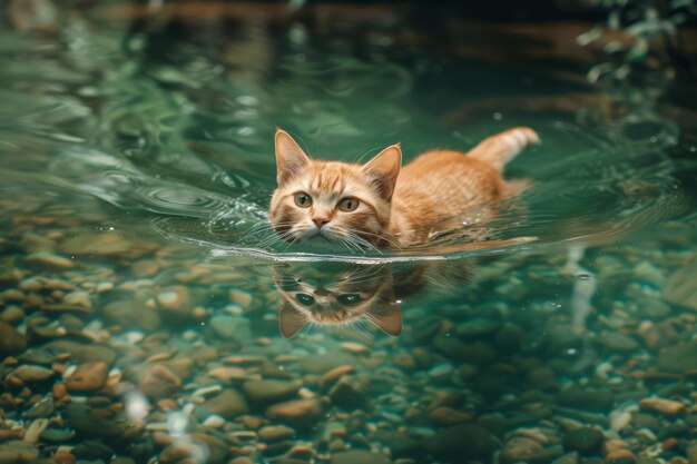 사진 오렌지색 타비 고양이 가 은 물 에서 수영 하고 있는 것