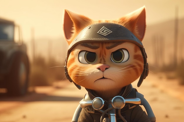 Orange tabby cat wearing a leather jacket and helmet racing a motorcycle down a dusty desert road towards adventure cartoon style illustration generative ai