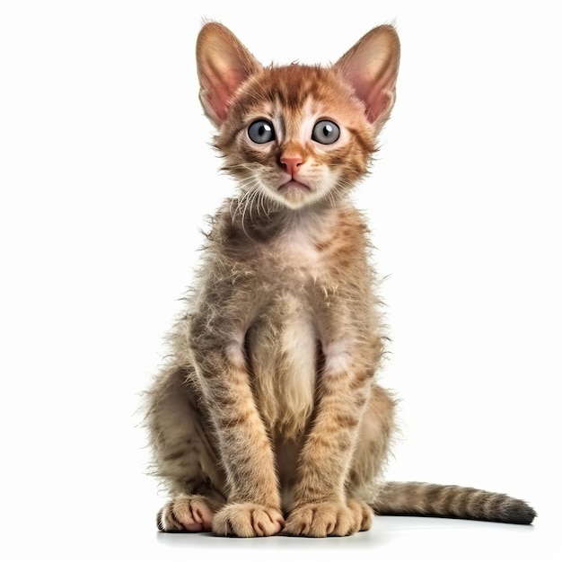 An orange tabby kitten sitting on a white background