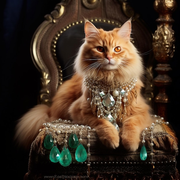 Photo orange tabby turkish angora cat sitting on a throne with yellow diamond appliques