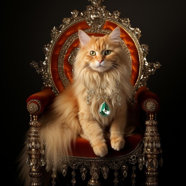 Photo orange tabby turkish angora cat sitting on a throne with yellow diamond appliques