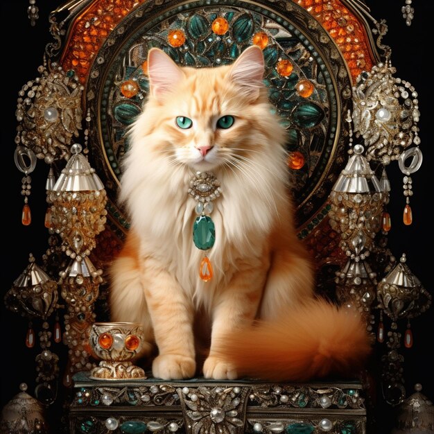 Photo orange tabby turkish angora cat sitting on a throne with yellow diamond appliques