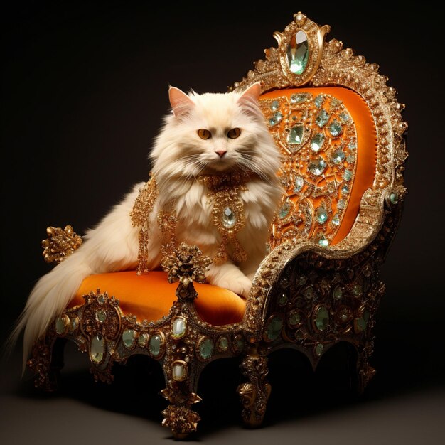 Photo orange tabby turkish angora cat sitting on a throne with yellow diamond appliques