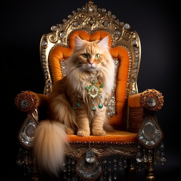 黄色いダイヤモンドのアプリケーションで王座に座っているオレンジ色のタビーターキッシュアンゴラ猫