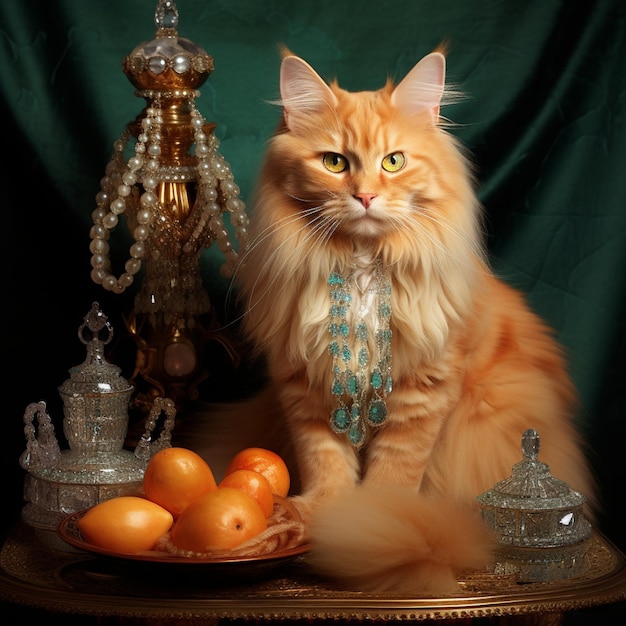 Photo orange tabby turkish angora cat sitting on a throne with yellow diamond appliques