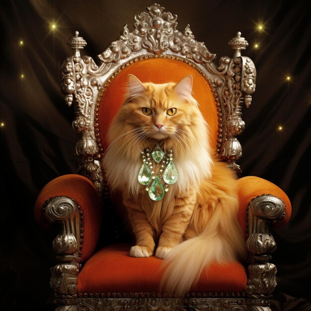 Photo orange tabby turkish angora cat sitting on a throne with yellow diamond appliques