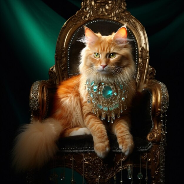 Orange tabby Turkish Angora cat sitting on a throne with yellow diamond appliques