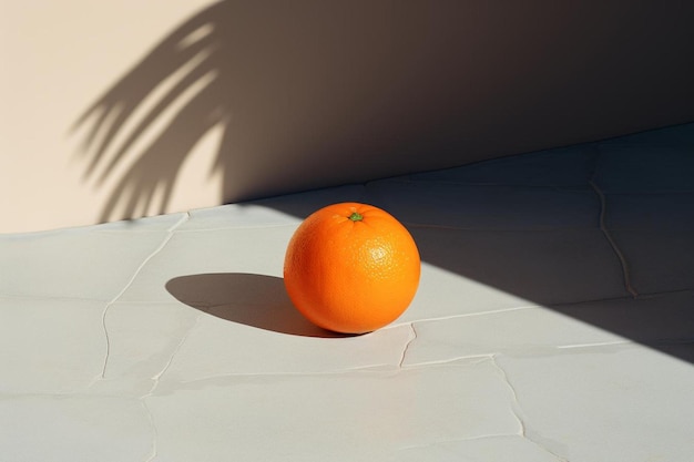An orange on a table with a green label on it