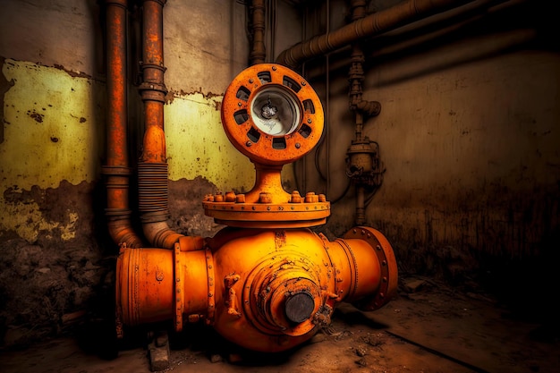 Orange technical pipeline in abandoned basement of old building