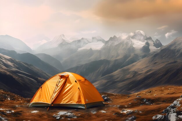 Orange tent camping in the mountains