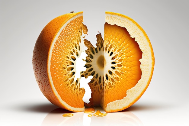 Orange that has been sliced into half and is entire on a white backdrop alone