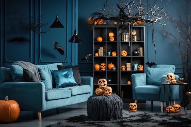 Orange toned living room interior with Halloween decorations Background for Halloween