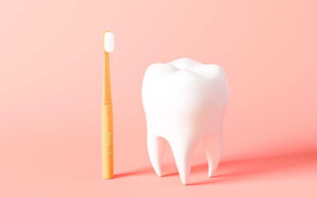 Orange toothbrush and tooth in the pink background 3d rendering